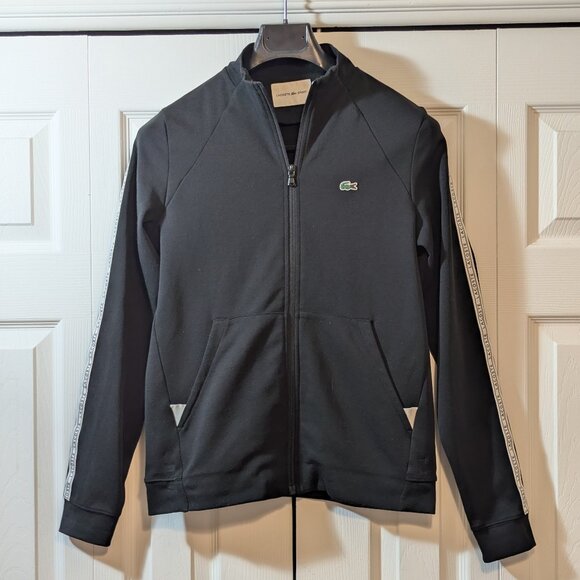 Lacoste Women's Zip-Up Black Sweatshirt with White Bands on Sleeves - Size 38 - Picture 1 of 12